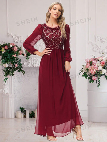 Contrast Sequin Bishop Sleeve Chiffon Bridesmaid Dress