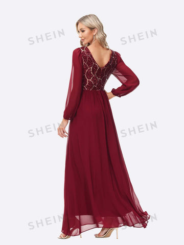 Contrast Sequin Bishop Sleeve Chiffon Bridesmaid Dress