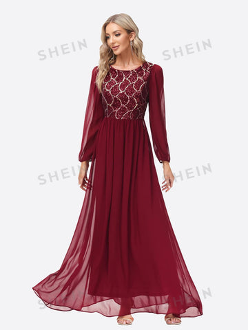 Contrast Sequin Bishop Sleeve Chiffon Bridesmaid Dress