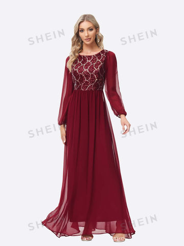 Contrast Sequin Bishop Sleeve Chiffon Bridesmaid Dress