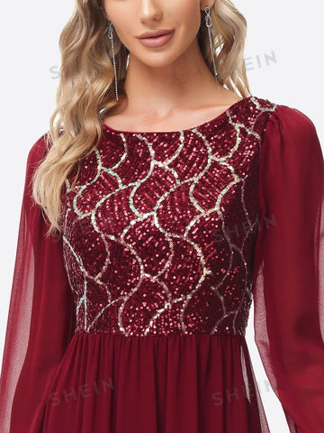 Contrast Sequin Bishop Sleeve Chiffon Bridesmaid Dress