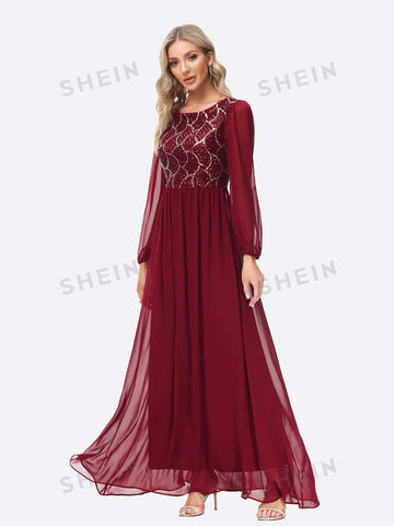Contrast Sequin Bishop Sleeve Chiffon Bridesmaid Dress