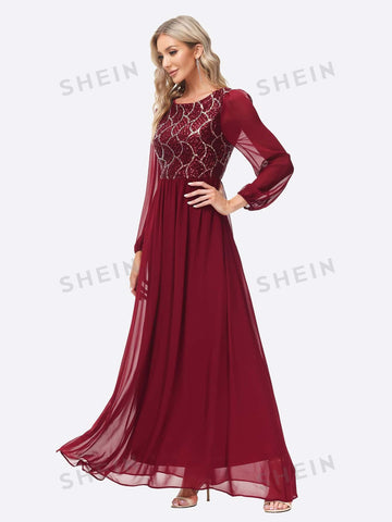 Contrast Sequin Bishop Sleeve Chiffon Bridesmaid Dress