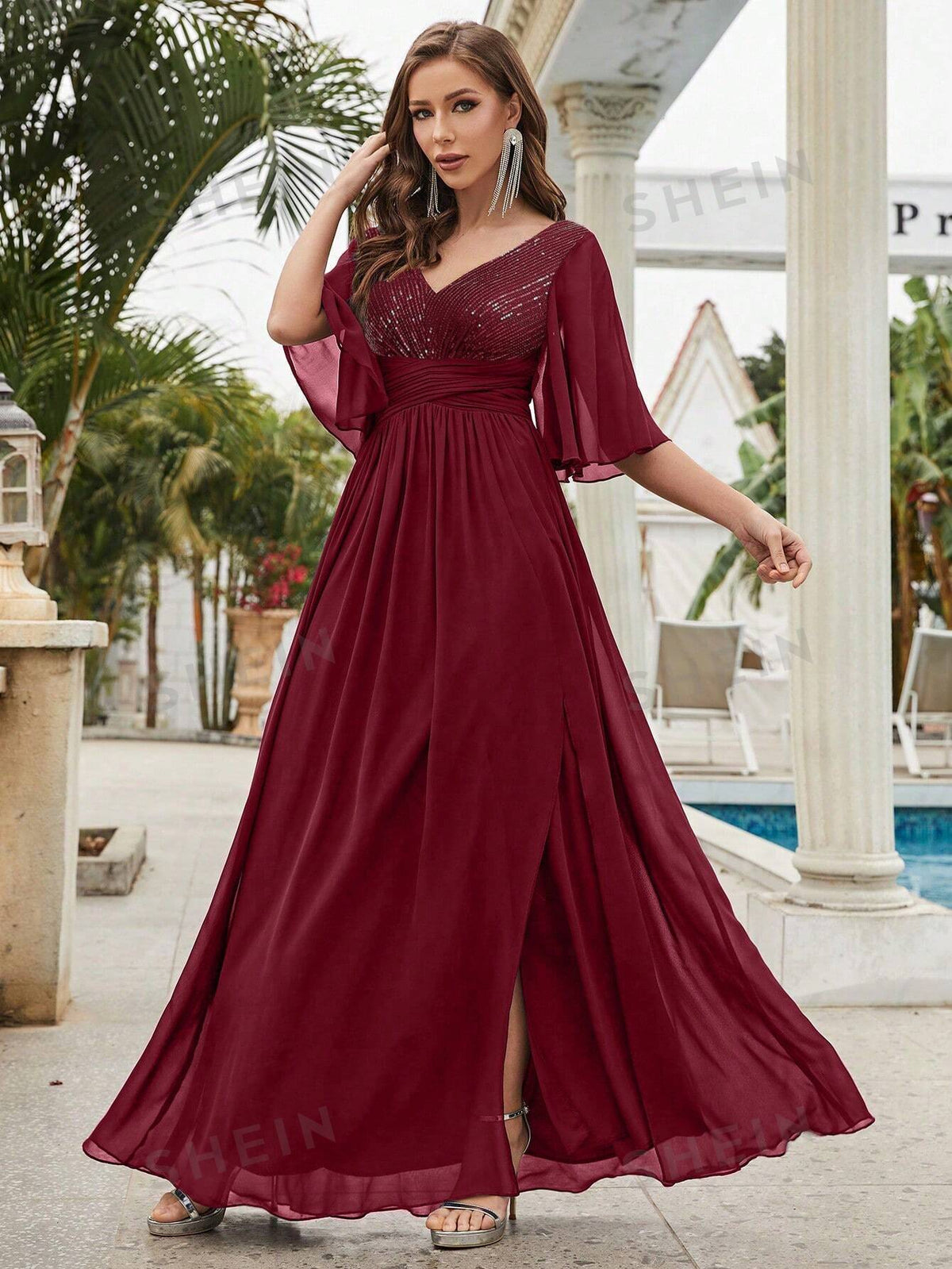 Contrast Sequin Butterfly Sleeve Chiffon Bridesmaid Dress