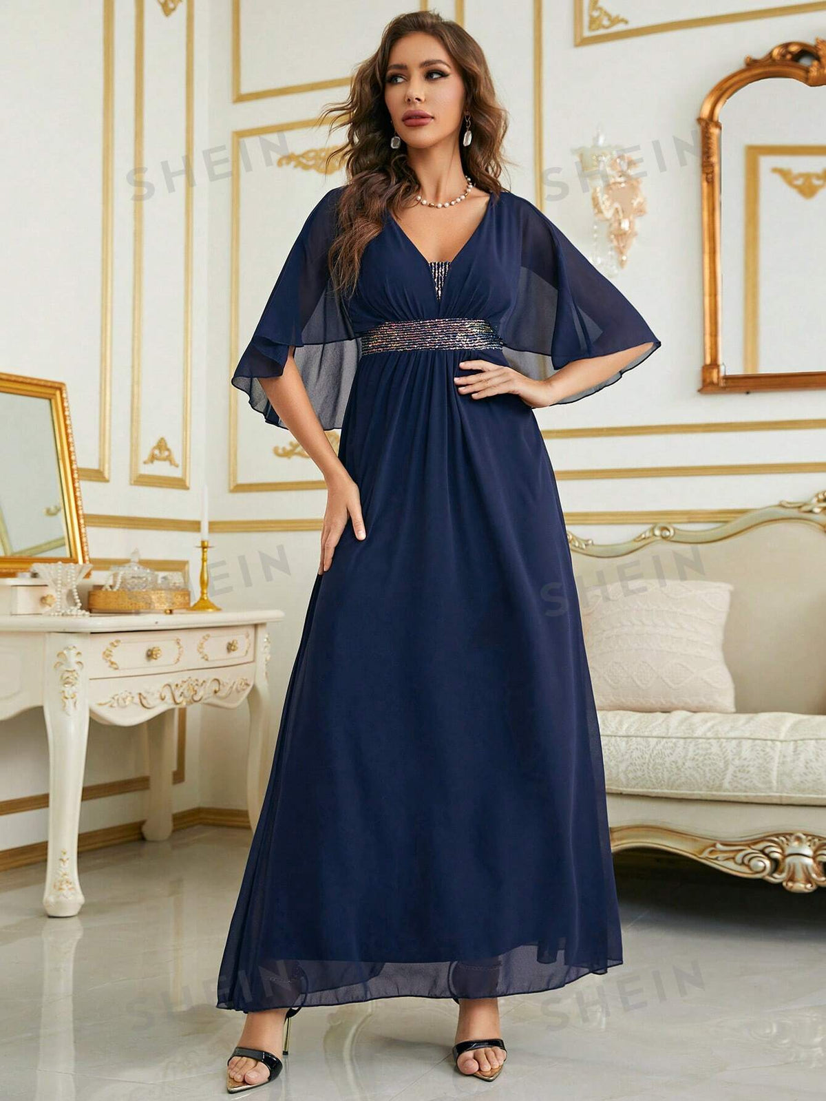 Contrast Sequin Butterfly Sleeve Chiffon Bridesmaid Dress