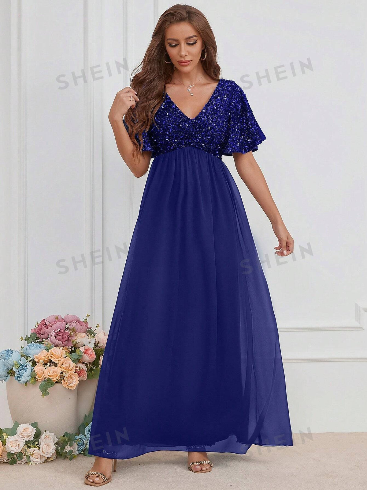 Contrast Sequin Butterfly Sleeve Chiffon Bridesmaid Dress