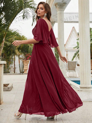 Contrast Sequin Butterfly Sleeve Chiffon Bridesmaid Dress