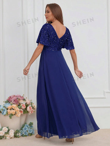 Contrast Sequin Butterfly Sleeve Chiffon Bridesmaid Dress