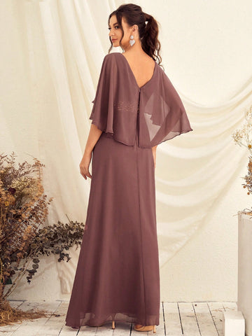 Contrast Sequin Butterfly Sleeve Chiffon Bridesmaid Dress