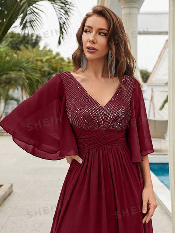 Contrast Sequin Butterfly Sleeve Chiffon Bridesmaid Dress