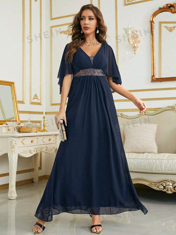 Contrast Sequin Butterfly Sleeve Chiffon Bridesmaid Dress