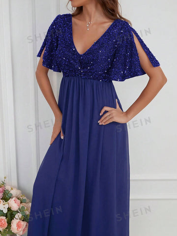 Contrast Sequin Butterfly Sleeve Chiffon Bridesmaid Dress