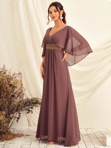 Contrast Sequin Butterfly Sleeve Chiffon Bridesmaid Dress