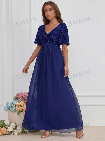 Contrast Sequin Butterfly Sleeve Chiffon Bridesmaid Dress