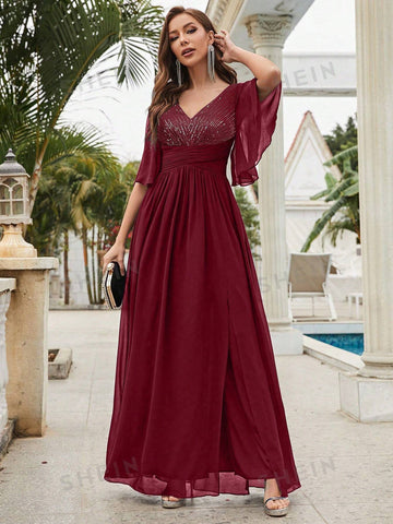 Contrast Sequin Butterfly Sleeve Chiffon Bridesmaid Dress