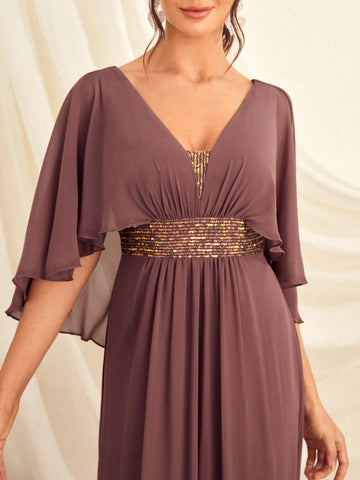Contrast Sequin Butterfly Sleeve Chiffon Bridesmaid Dress