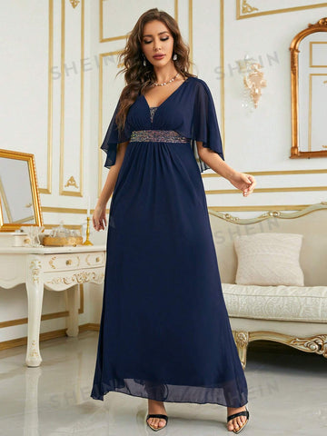 Contrast Sequin Butterfly Sleeve Chiffon Bridesmaid Dress