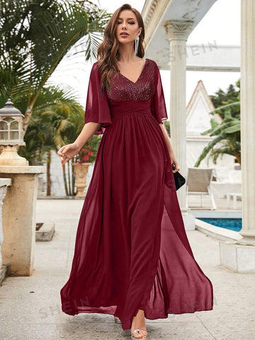 Contrast Sequin Butterfly Sleeve Chiffon Bridesmaid Dress