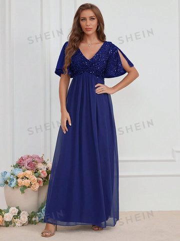 Contrast Sequin Butterfly Sleeve Chiffon Bridesmaid Dress