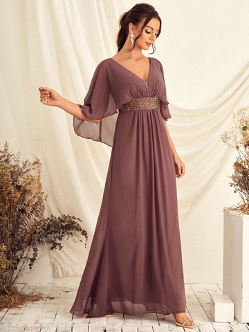 Contrast Sequin Butterfly Sleeve Chiffon Bridesmaid Dress