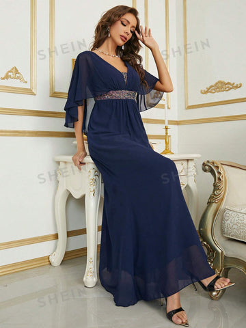 Contrast Sequin Butterfly Sleeve Chiffon Bridesmaid Dress