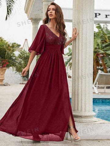 Contrast Sequin Butterfly Sleeve Chiffon Bridesmaid Dress