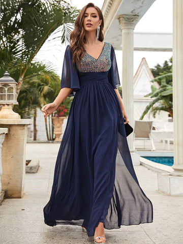 Contrast Sequin Butterfly Sleeve Split Thigh Chiffon Bridesmaid Dress