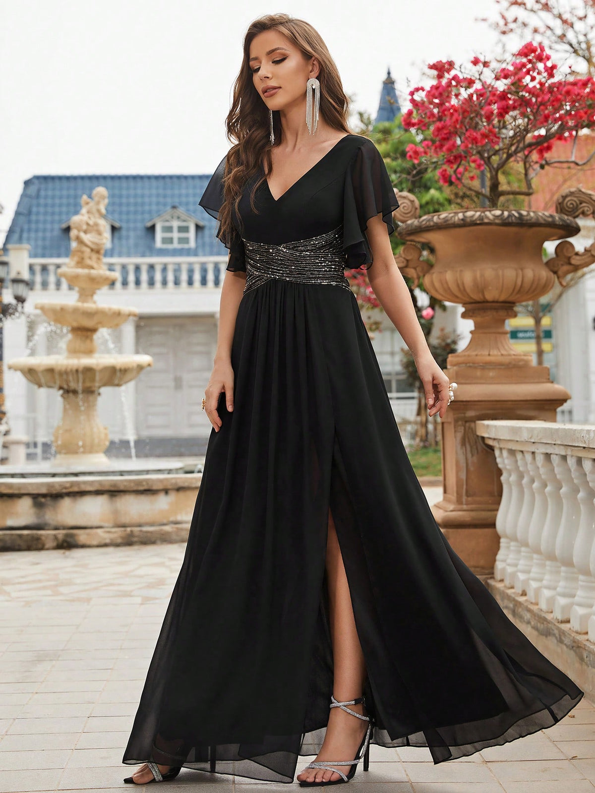 Contrast Sequin Butterfly Sleeve Split Thigh Chiffon Formal Bridesmaid Dress