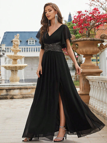 Contrast Sequin Butterfly Sleeve Split Thigh Chiffon Formal Bridesmaid Dress