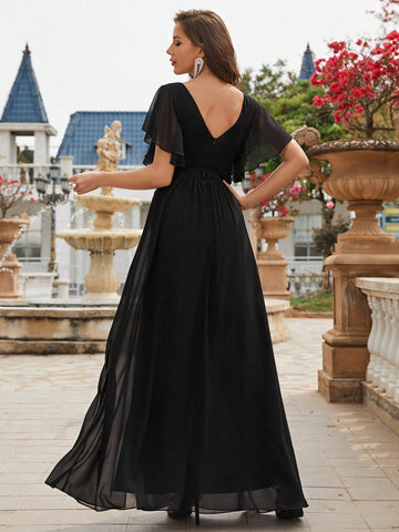 Contrast Sequin Butterfly Sleeve Split Thigh Chiffon Formal Bridesmaid Dress