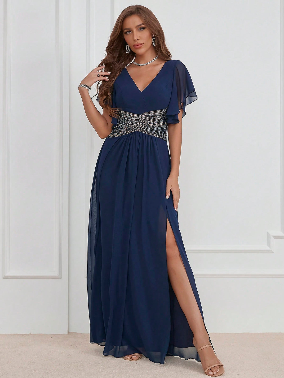 Contrast Sequin Butterfly Sleeve Split Thigh Chiffon Party Bridesmaid Dress