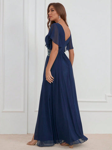 Contrast Sequin Butterfly Sleeve Split Thigh Chiffon Party Bridesmaid Dress