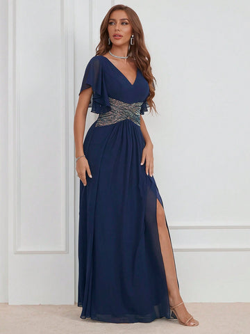 Contrast Sequin Butterfly Sleeve Split Thigh Chiffon Party Bridesmaid Dress