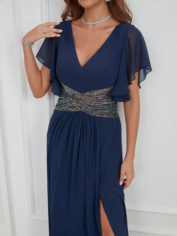 Contrast Sequin Butterfly Sleeve Split Thigh Chiffon Party Bridesmaid Dress