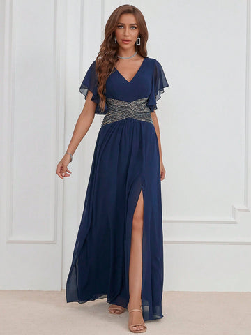 Contrast Sequin Butterfly Sleeve Split Thigh Chiffon Party Bridesmaid Dress