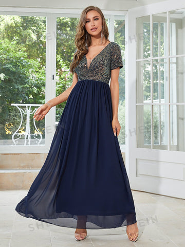 Contrast Sequin Chiffon A-line Bridesmaid Dress