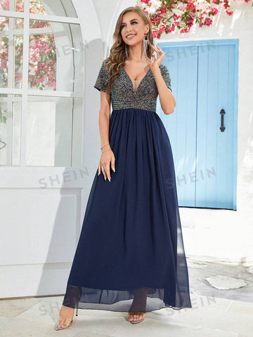 Contrast Sequin Chiffon A-line Bridesmaid Dress