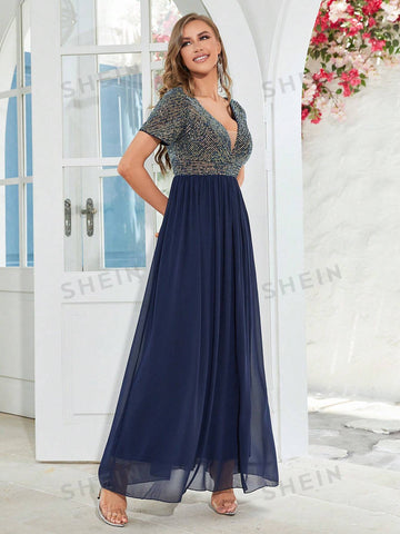 Contrast Sequin Chiffon A-line Bridesmaid Dress