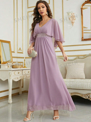 Contrast Sequin Cloak Sleeve Chiffon Bridesmaid Dress
