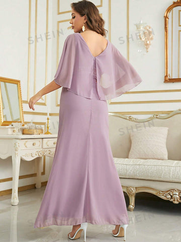 Contrast Sequin Cloak Sleeve Chiffon Bridesmaid Dress