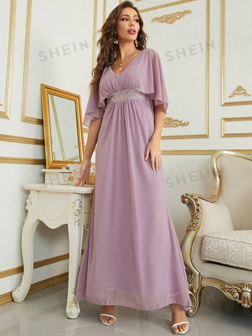 Contrast Sequin Cloak Sleeve Chiffon Bridesmaid Dress