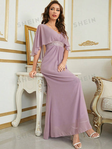 Contrast Sequin Cloak Sleeve Chiffon Bridesmaid Dress
