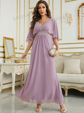Contrast Sequin Cloak Sleeve Chiffon Bridesmaid Dress