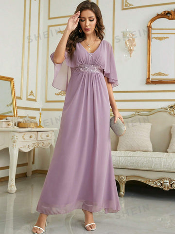 Contrast Sequin Cloak Sleeve Chiffon Bridesmaid Dress