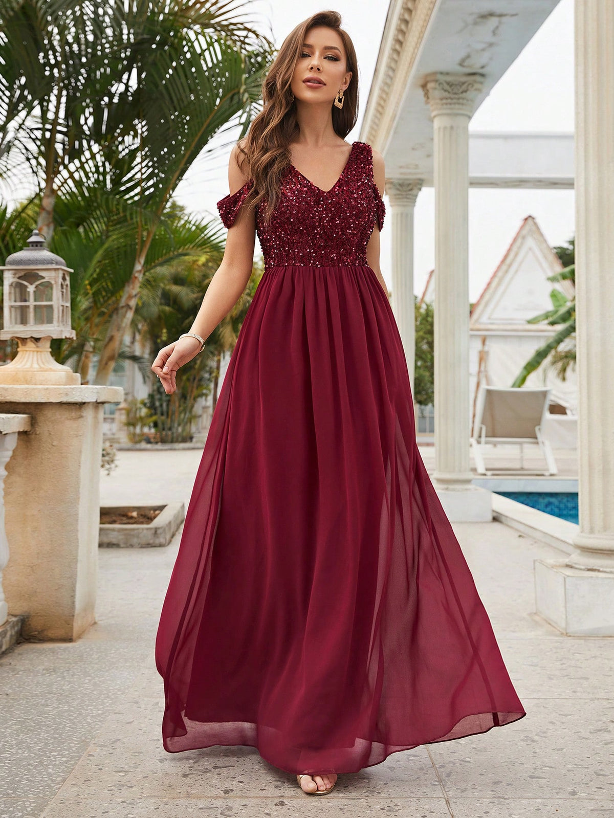 Contrast Sequin Cold Shoulder Formal Dress