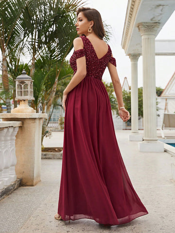 Contrast Sequin Cold Shoulder Formal Dress