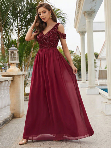 Contrast Sequin Cold Shoulder Formal Dress