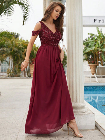 Contrast Sequin Cold Shoulder Formal Dress