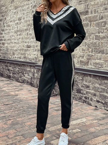 Contrast Sequin Drop Shoulder Sweatshirt & Sweatpants