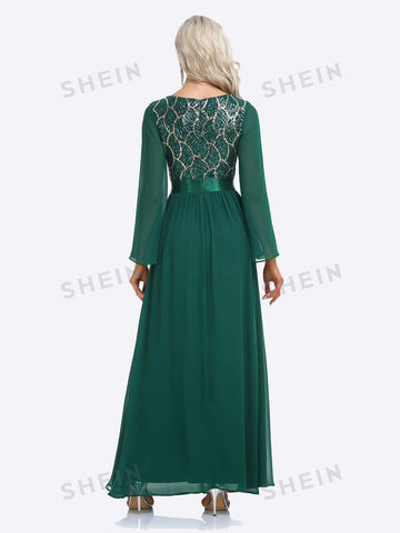 Contrast Sequin Flounce Sleeve Chiffon Bridesmaid Dress